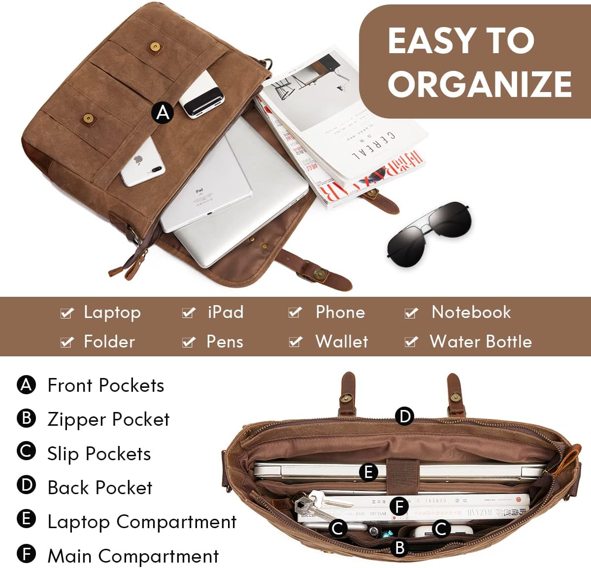 Mens Messenger Bag 15.6 Inch Waterproof Vintage Genuine Leather Waxed Canvas Briefcase Retro Office Computer Laptop Bag Large School Satchel Shoulder Bag for Men Women， Brown - Image 3